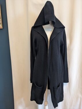 Pringle Of Scotland 100% Cashmere Long Hooded Cardigan Womens Large Black Luxury